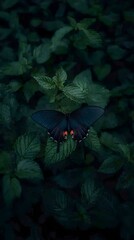 Dark butterfly on lush green leaves. Mysterious, moody nature scene.
