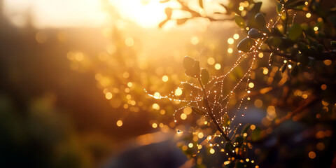 Fototapeta premium Sunlight Sparkling on Dewy Spider Web in Early Morning Light