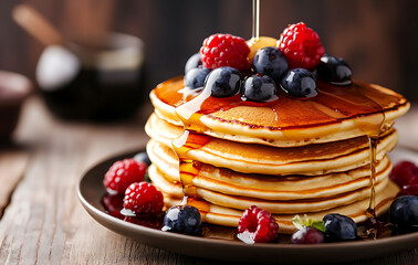 Stack of thin pancake with berry and syrup looks delicious golden pancake invites you to have bite. Sweet aroma fills air