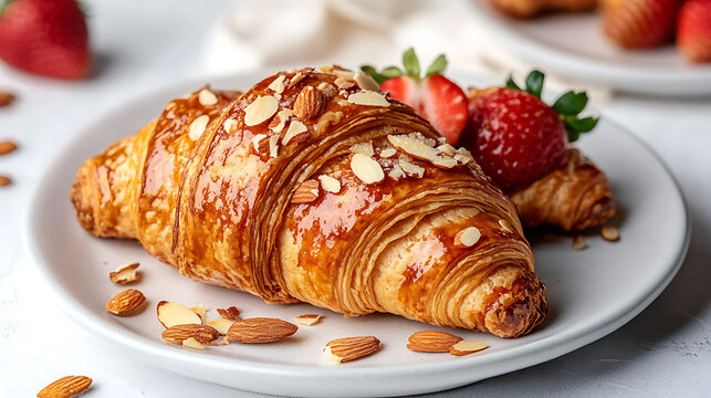 Here potential output based on your instructions Indulge in tempting delight of glazed croissant adorned with almonds and fresh strawberries, radiating joyful and delicious appeal