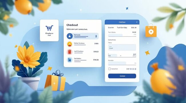 Online shopping checkout process, floral background,  e-commerce website design