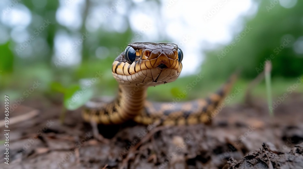 Poster close-up view of a snake's head and upper body emerging from the ground, set against a blurred backg