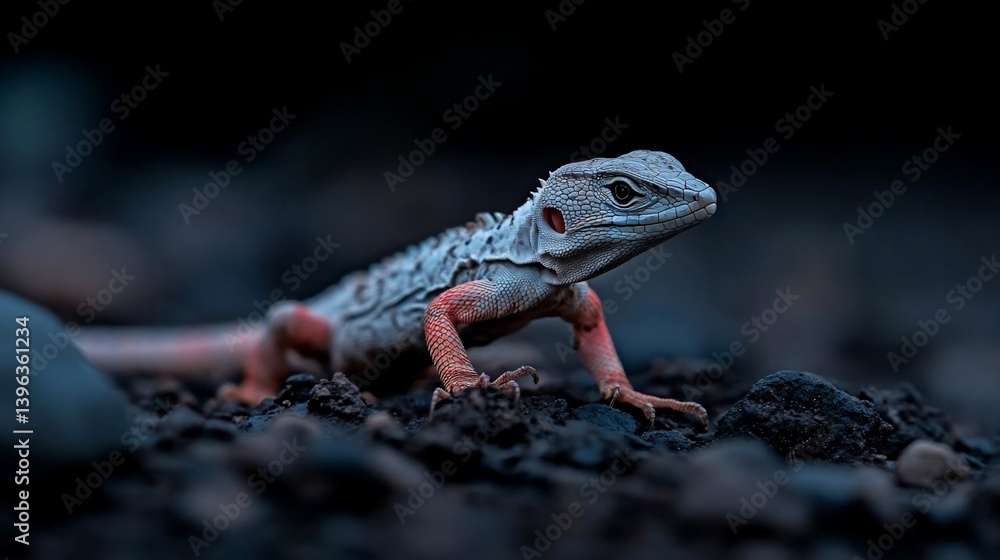 Aufkleber Close-up of a small lizard with gray and red scales on dark soil, nighttime setting.  The lizard is in sharp focus against a blurred background of rocks