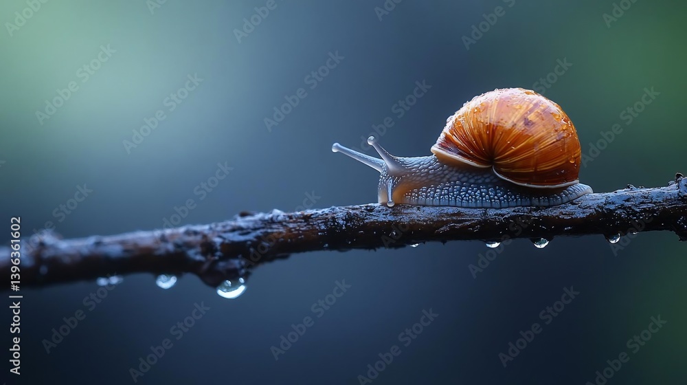 Poster snail on a rain-covered branch, close-up view with blurred background. the snail is brown and tan, w