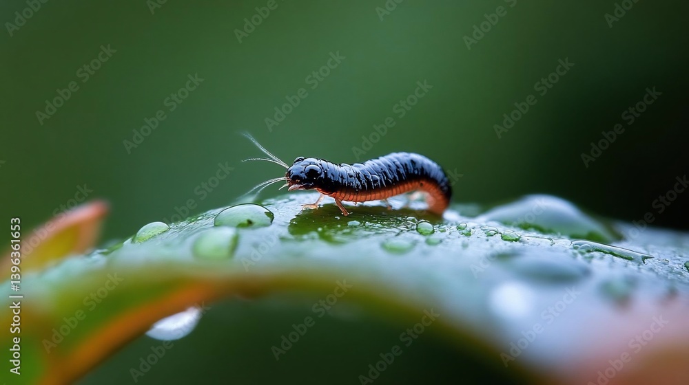 Poster close-up of a small, segmented insect with reddish legs and a dark body, standing on a vibrant green
