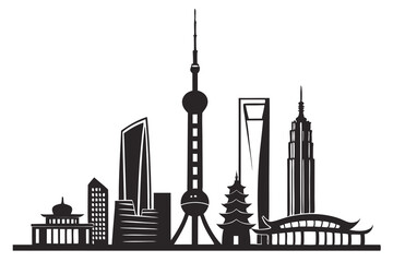 Shanghai's skyline features tall skyscraper silhouettes against the Asian sky