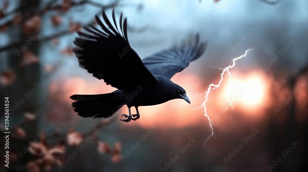Poster black crow in flight near a lightning strike during a dramatic sunset. the scene is set against a bl