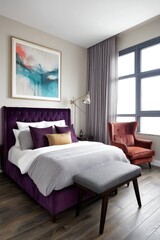Fototapeta premium A sophisticated bedroom showcasing a royal purple velvet bed frame, muted creamy beige walls, and espresso-stained wooden floors