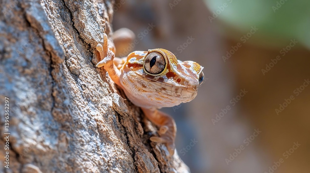 Aufkleber close-up of a small gecko peeking from behind a tree trunk. the gecko is light brown and tan with te