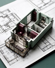 A sophisticated miniature model apartment sits atop detailed architectural plans, featuring a soothing palette of soft mint walls, dark cherry furnishings, and bronze d?(C)cor accents