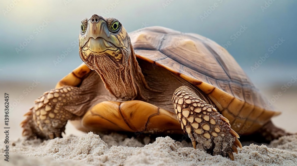 Poster close-up of a tortoise on light brown sand, its shell a mix of light and dark brown, looking directl