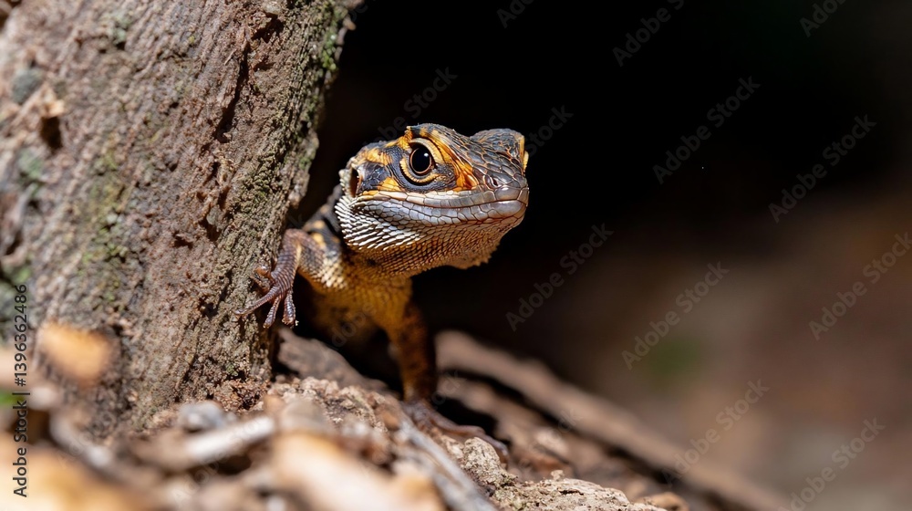 Aufkleber close-up view of a small lizard peeking from behind a tree trunk. the lizard exhibits a blend of bro