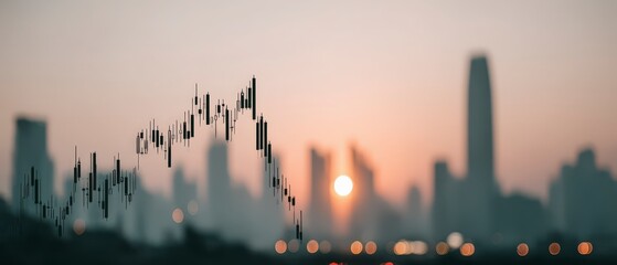 Fototapeta premium Stock Market Candlestick Chart Overlay Cityscape Sunset