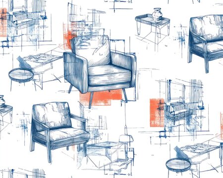 A sophisticated white background featuring top-view furniture drawings outlined in muted terracotta lines, with indigo-blue color blocks accentuating precise details of sofas, chairs, and tables