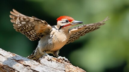 A woodpecker with a red crown perches on a tree branch, wings outstretched.  The bird is predominantly beige and brown with black speckles. The background is softly blurred green