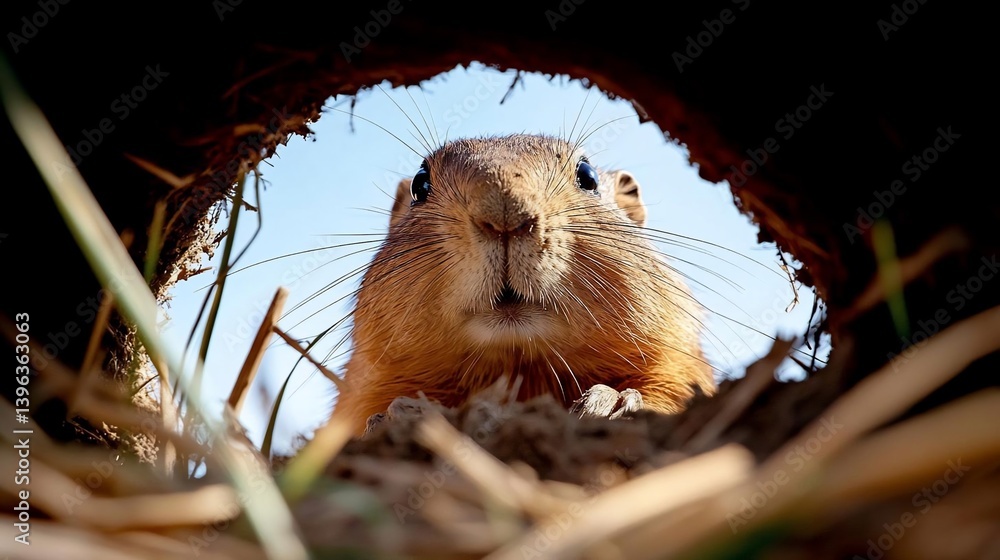 Poster close-up view of a small rodent, possibly a gopher, peering out of its burrow. the rodent is light b