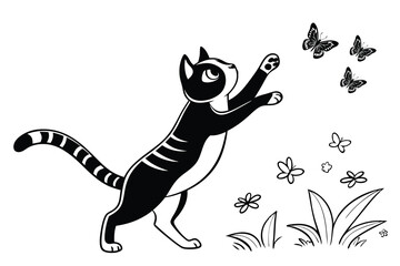 Cute black feline silhouette with a butterfly, a charming animal illustration
