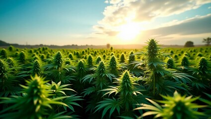 Cannabis Plants on Field with Blue Sky and Sun on Background