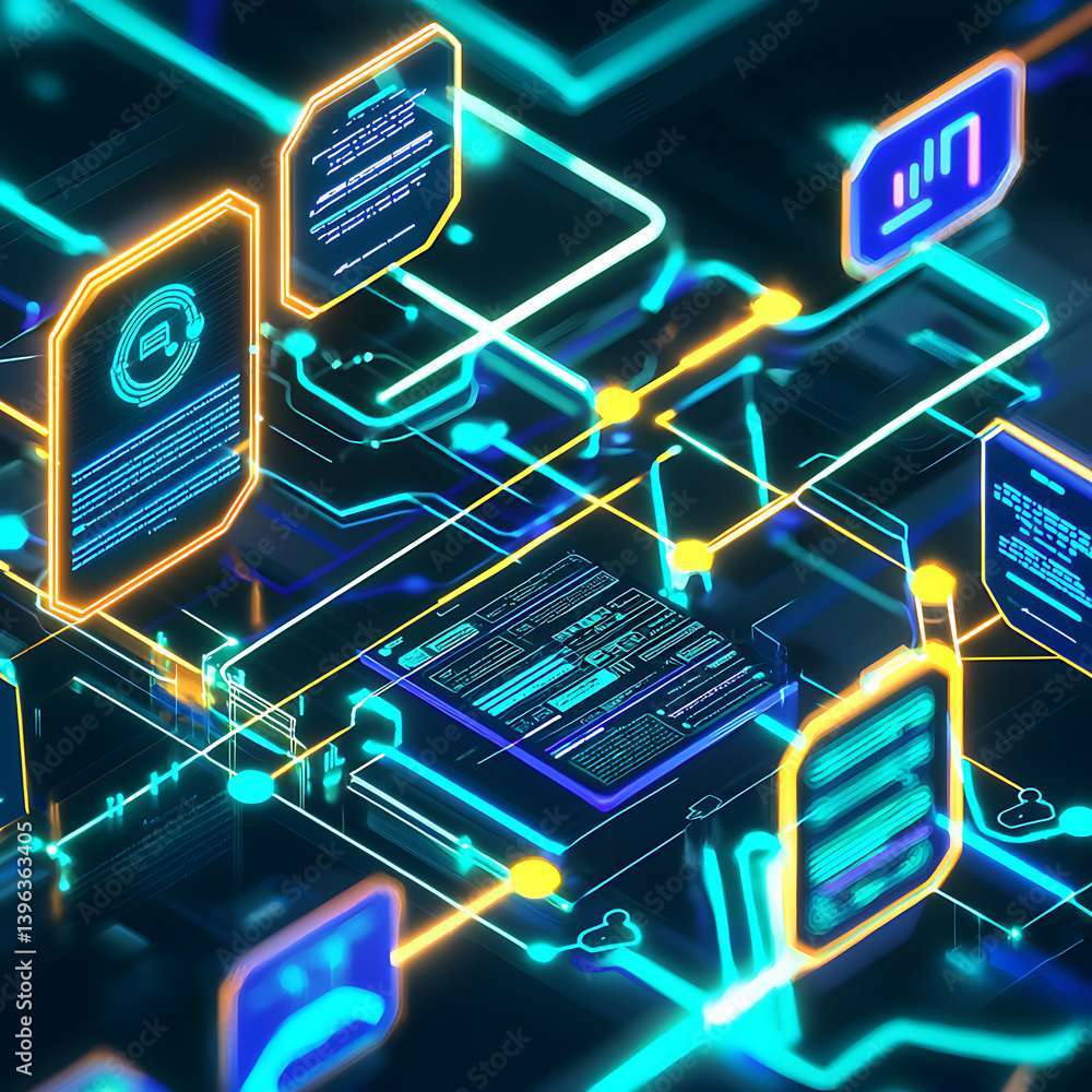 Poster innovative data processing in digital systems virtual environment infographic futuristic technology 