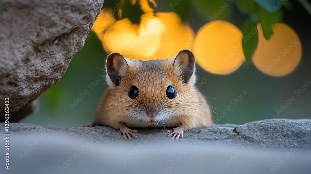 Poster close-up of a small brown mouse with large dark eyes peeking from behind a rock, warm golden bokeh l