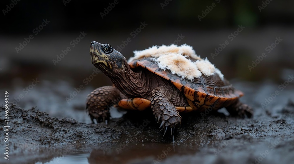 Aufkleber Close-up of a turtle with light-colored patches on its shell, standing on dark mud near a puddle of water. The turtle has dark brown and orange markings on its shell and skin
