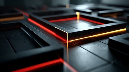 Dynamic Light Effects on Geometric Shapes in Industrial Space Digital Art Modern Design High-Tech Environment Close-Up View