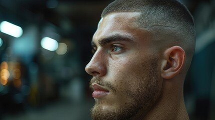 Side close-up of a man with a low fade haircut, clean hairline and visible texture