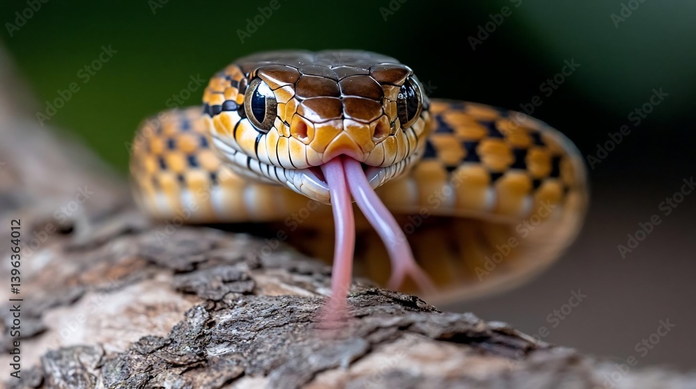 Poster close-up of a yellow and brown snake with forked tongue, on a tree branch. the snake's head is in fo