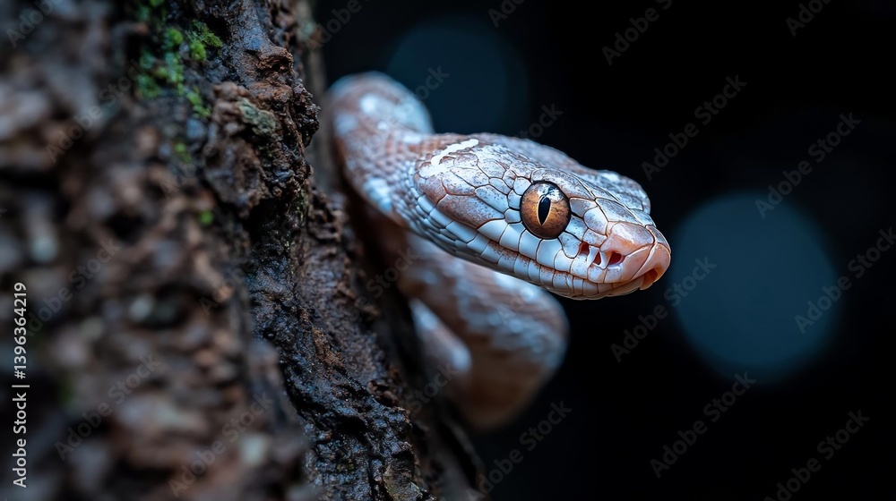 Poster Close-up of a small, light-colored snake with reddish eyes partially coiled around a dark tree trunk, set against a blurred, dark background. The snake's scales are visible, and the lighting is