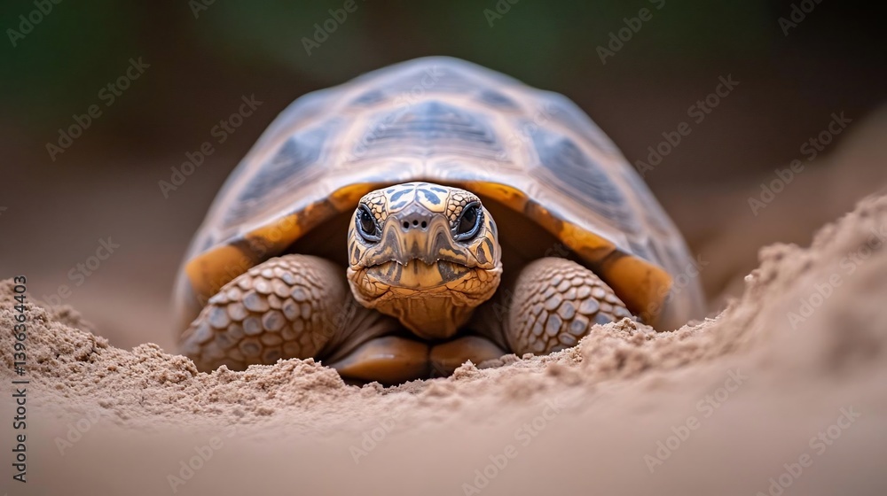 Poster Close-up view of a tortoise emerging from light brown sand. The tortoise has a high-domed shell with yellow and brown patterns, and its head is slightly raised, looking directly at the camera
