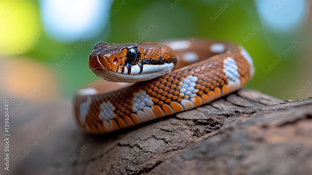 Poster close-up of a small, orange and white snake coiled on a dark brown tree branch. the snake has distin