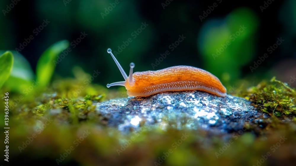 Poster Close-up of an orange slug on a mossy rock.  The slug is in sharp focus against a blurred green background.  The image has a shallow depth of field and is illuminated with soft, natural light