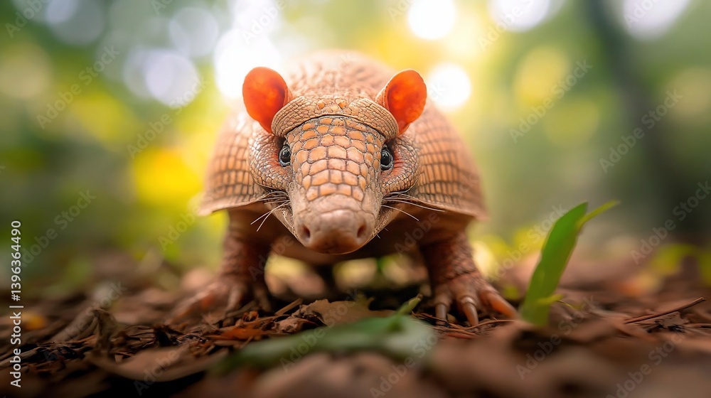 Poster close-up view of a nine-banded armadillo facing the camera in a natural setting. the armadillo is li