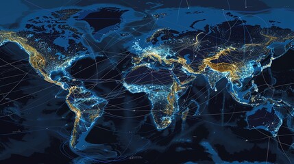 Insight into the Global Data Vein: A Complete Analysis of the World Map Data Flow Connection Nodes! The picture shows a global map, with data flow lines crisscrossing like bright veins, connecting eac