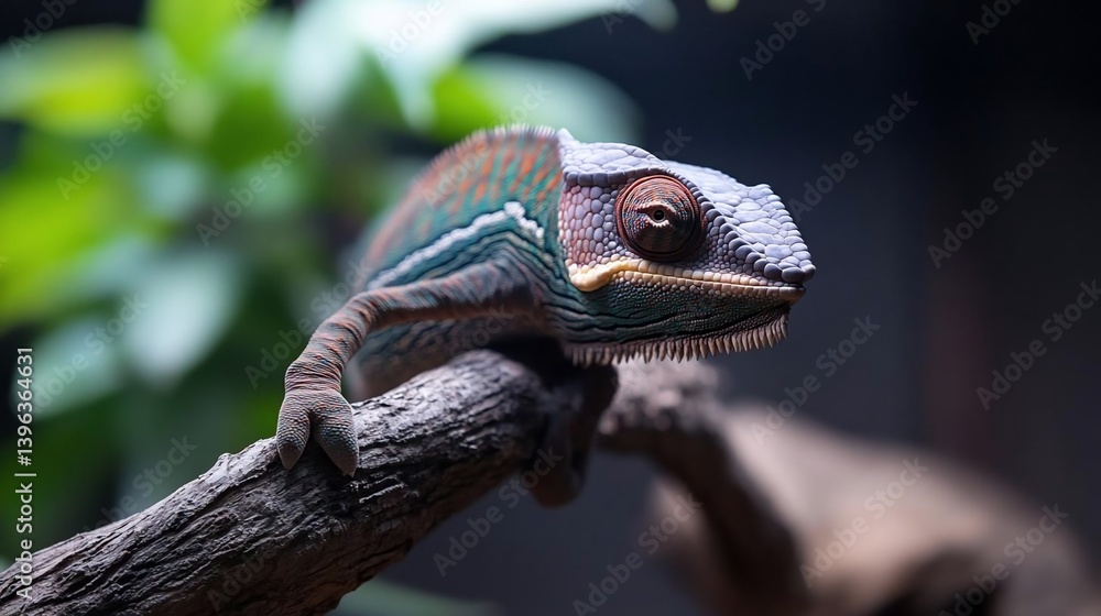 Poster close-up of a vibrant chameleon perched on a dark gray branch, set against a blurred backdrop of lus