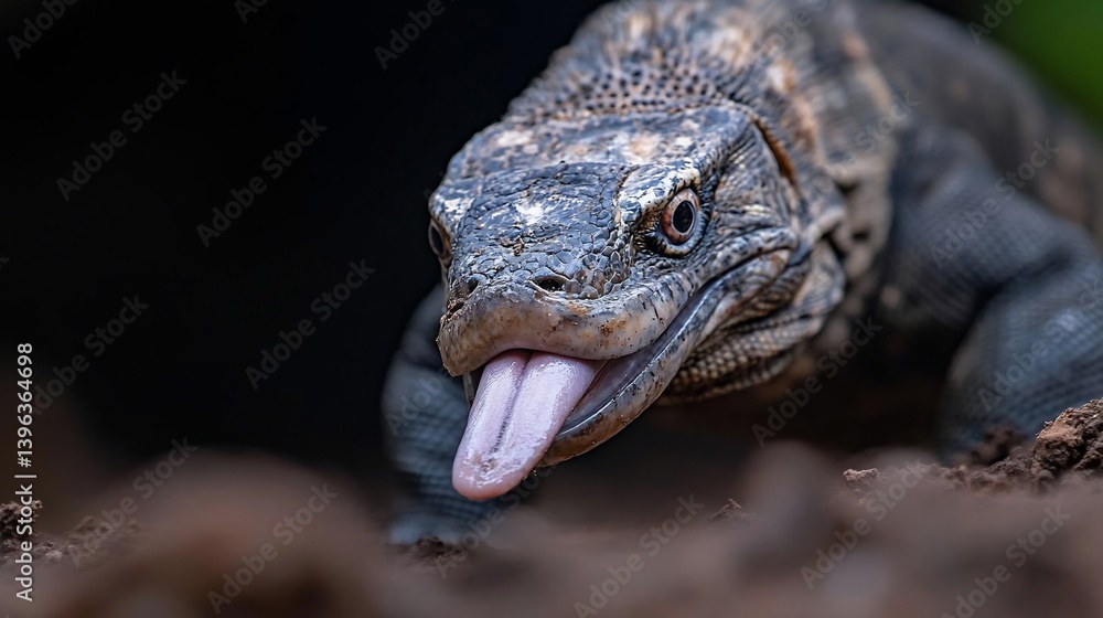 Poster close-up of a lizard with its tongue out, dark background, detailed texture, shallow depth of field