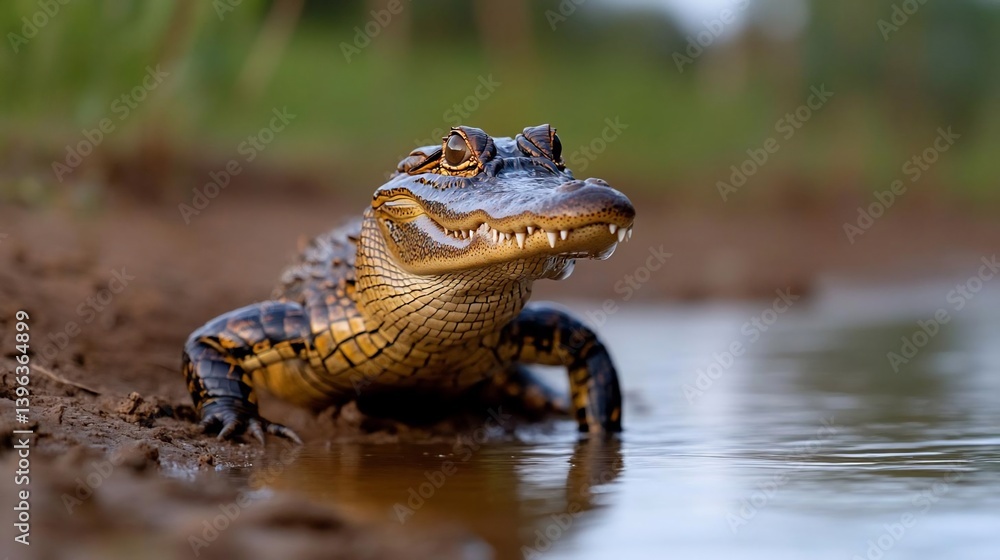Poster close-up view of a young alligator at the edge of a muddy pond. the alligator's skin shows a pattern