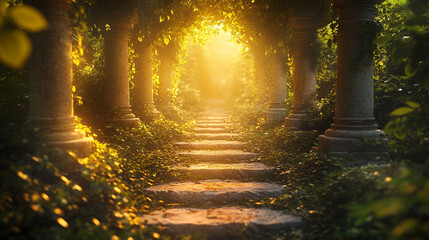 Ancient stone pillars overgrown with ivy and plants, creating a mystical, forgotten atmosphere. A fantasy digital backdrop symbolizing history, archaeology, and the passage of time in architecture.

