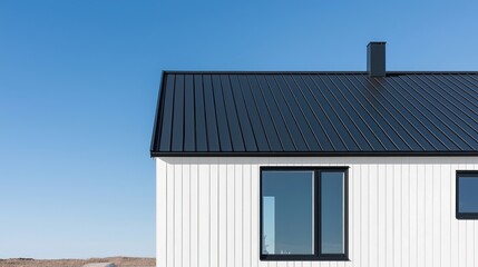 Modern home exterior with dark roof and white siding