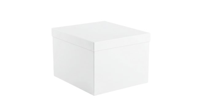 A simple white box with a lid is presented against a stark black background in a studio setting