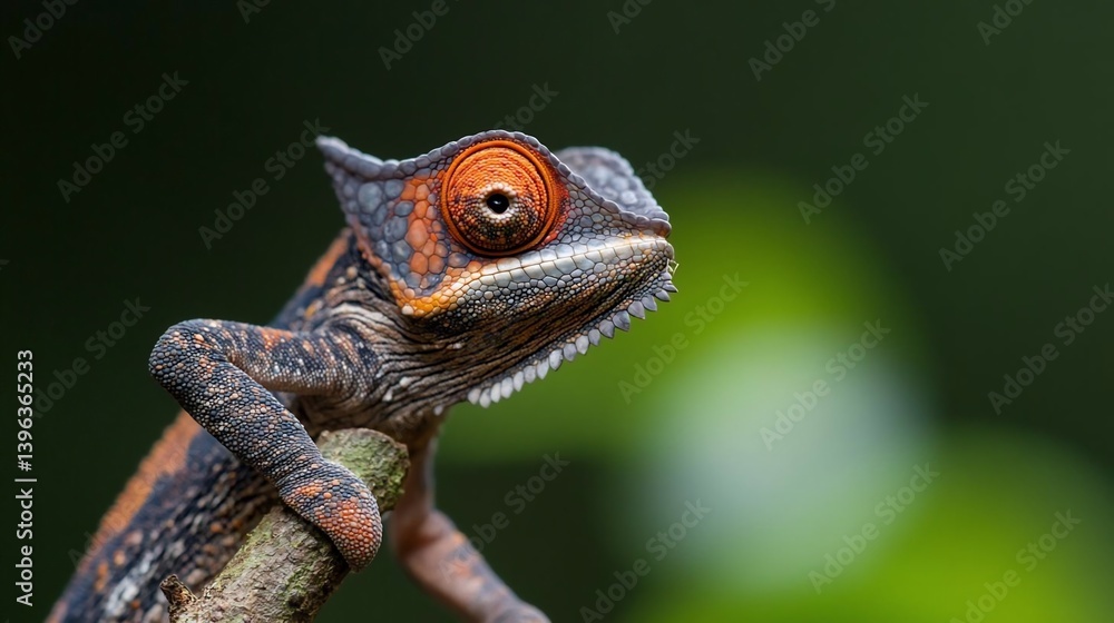 Poster close-up of a small reptile with vibrant orange and black patterned skin perched on a branch against