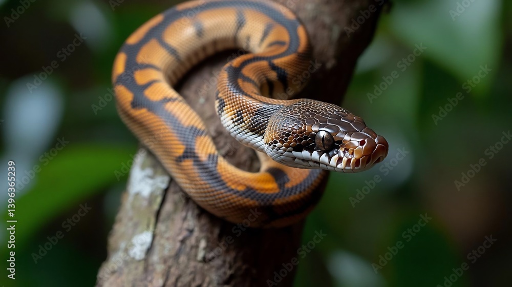Poster close-up of a brown and orange snake coiled around a tree branch in a lush green forest. the snake's