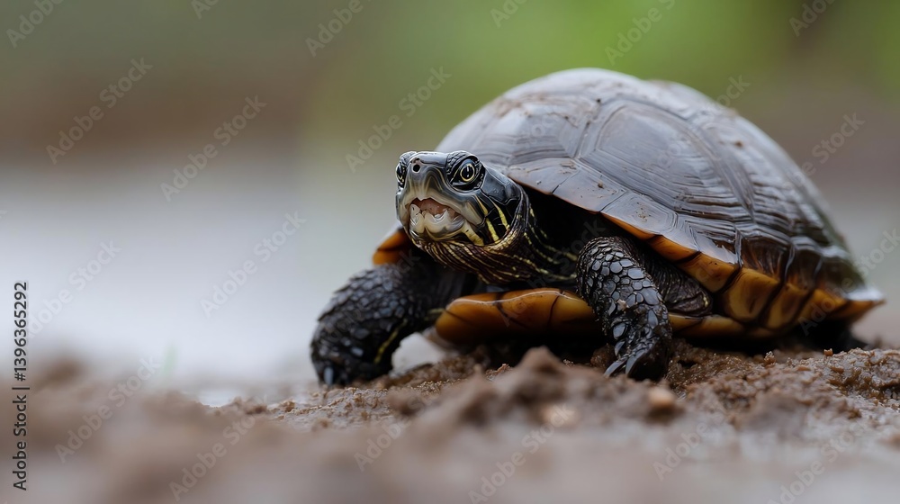 Poster close-up of a dark-colored turtle on damp brown soil, with a blurred green background. the turtle's 