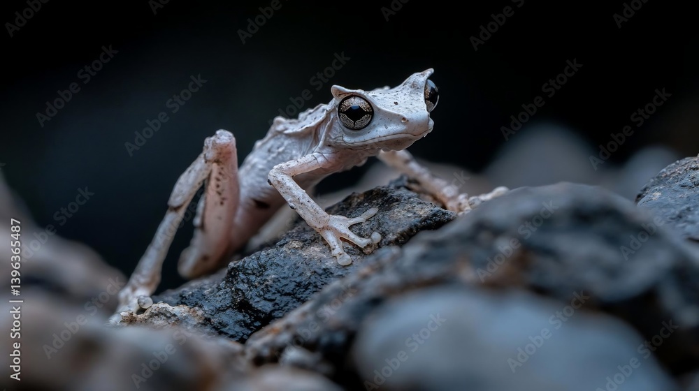 Poster close-up of a small, light gray frog perched on dark rocks. the frog has large eyes and textured ski