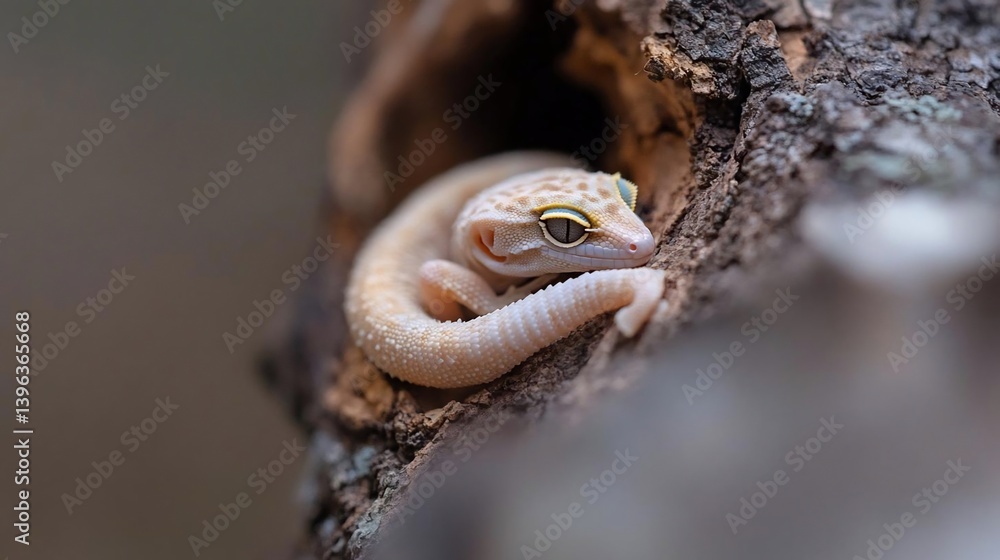 Poster close-up of a small, pale gecko resting in a tree crevice. the gecko's skin is light beige with subt