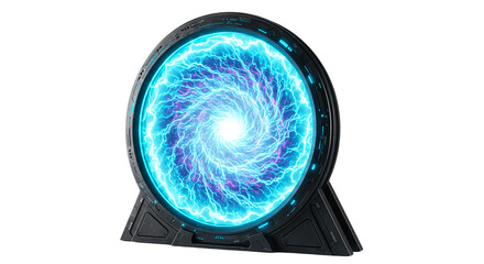 A futuristic portal with swirling blue energy inside a dark metal frame on a black background scene © Md_Hasnain_Asif
