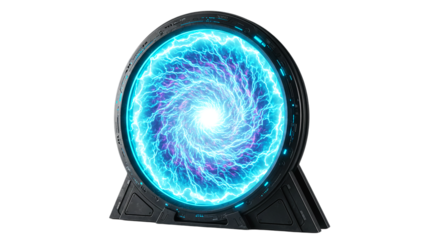A futuristic portal with swirling blue energy inside a dark metal frame on a black background scene