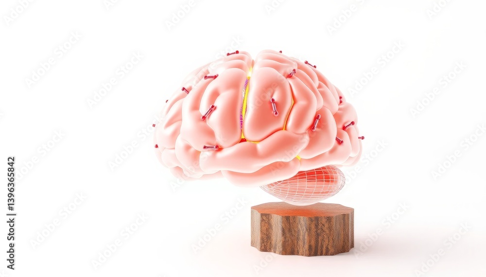 Poster 3d render of a pink human brain with neural pathways on a white background
