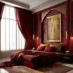 An elegant bedroom with a striking ruby red and gold color palette