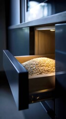 An elegant kitchen cabinet illuminated to showcase a drawer of pearl barley